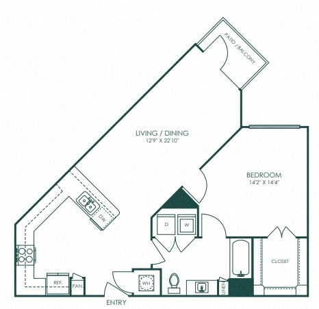 Floor plan for 1 bed, 1 bath, 860 sqft